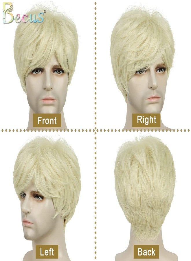 BECUS Wigs Blonde Wig Men Short Platinum Blonde Wig with Bangs Short Wigs Straight Synthetic Cosplay for Halloween Rockstar Anime Party (8 in) - Image 5
